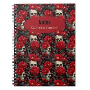 Cuaderno Patrón floral sin fisuras de cuervo y calavera gót