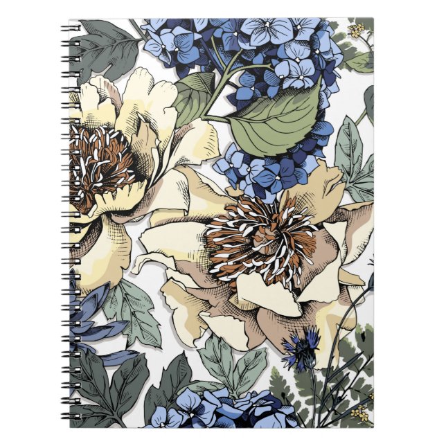 Cuaderno Patrón floral sin foco. Hydrangea, Peony, wildf (Frente)