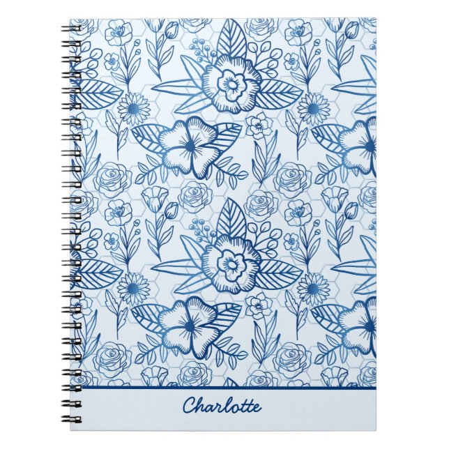 Cuaderno Patrón floral transparente azul blanco personaliza (Frente)