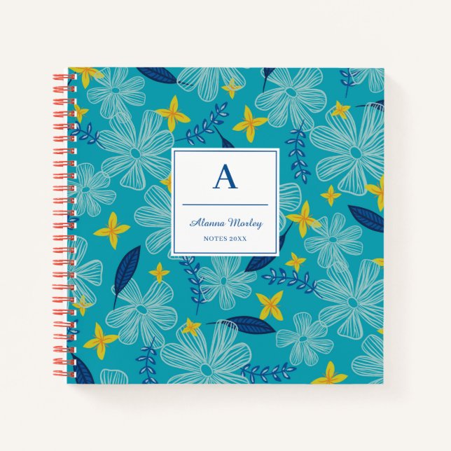 Cuaderno Patrón floral tropical turquesa - Monograma (Anverso)
