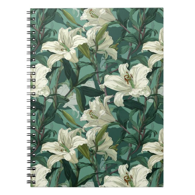 Cuaderno Patrón floral verde de lirio blanco clásico (Frente)