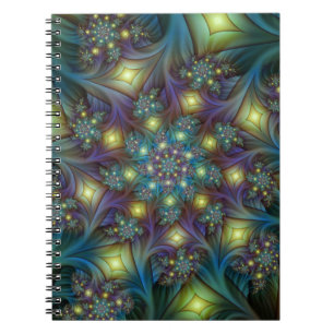 Cuaderno Patrón fractal azul púrpura abstracto iluminado
