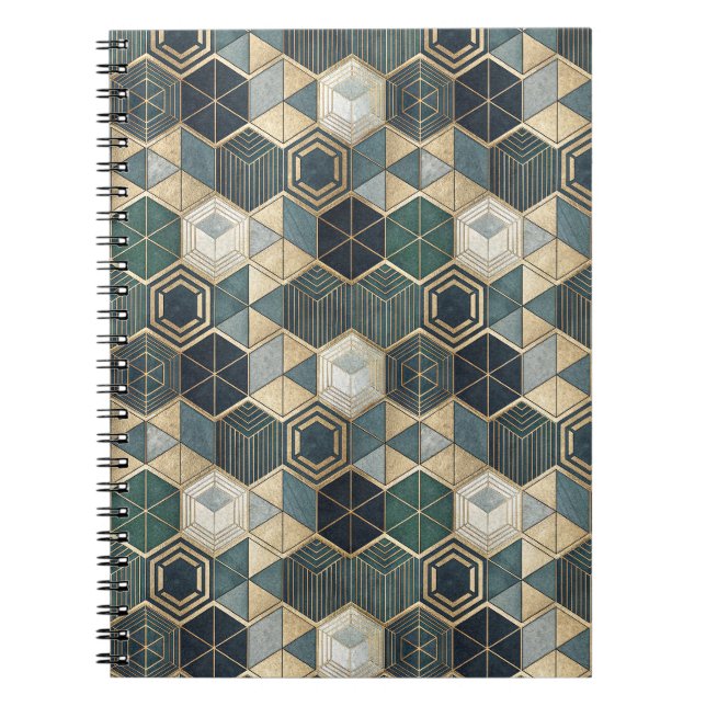Cuaderno Patrón geométrico abstracto azul turquesa y dorado (Frente)