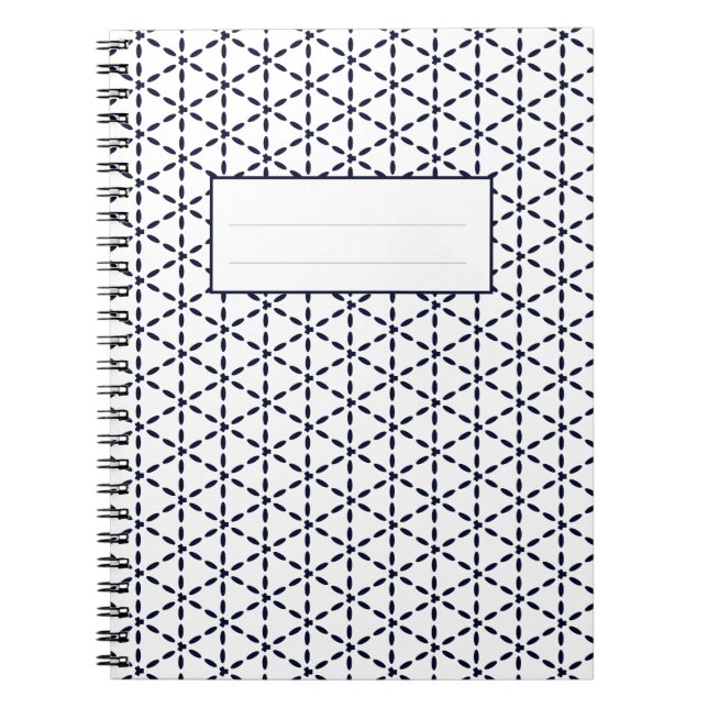 Cuaderno Patrón geométrico azul marino sobre blanco (Frente)