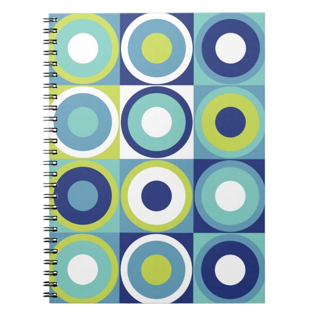 Cuaderno Patrón geométrico azul verde de los círculos retro (Frente)