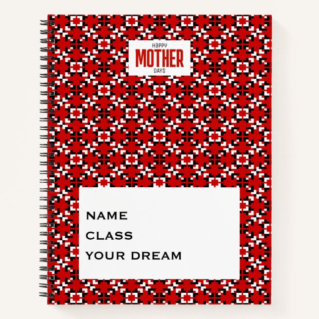 Cuaderno Patrón geométrico de píxeles rojo, negro y blanco (Anverso)