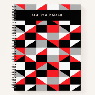 Cuaderno Patrón Geométrico Gris Rojo Negro Moderno Con Nomb