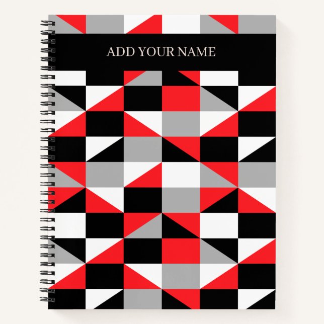 Cuaderno Patrón Geométrico Gris Rojo Negro Moderno Con Nomb (Anverso)