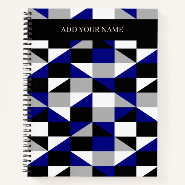 Cuaderno Patrón geométrico moderno azul gris negro con nomb (Anverso)