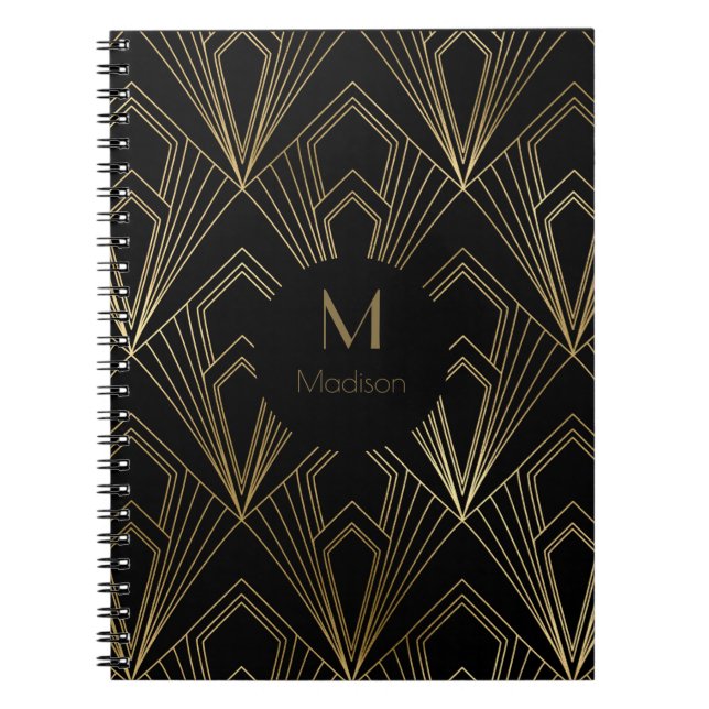 Cuaderno Patrón geométrico negro y dorado Art Deco (Frente)