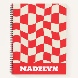 Cuaderno patrón geométrico rojo y blanco monograma nombre