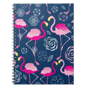 Cuaderno Patrón gráfico de flamencos rosados en una b azul