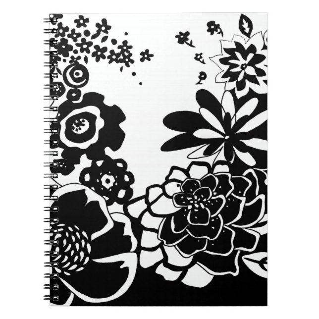 Cuaderno Patrón gráfico de jardín floral blanco y negro (Frente)
