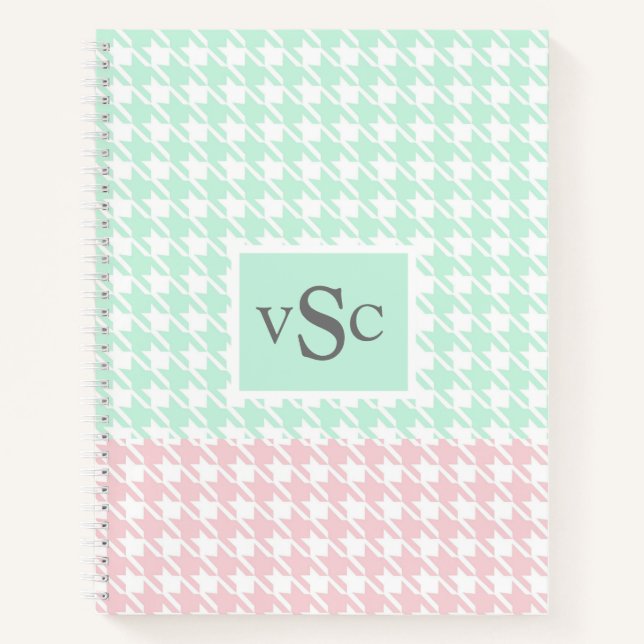 Cuaderno Patrón Houndstoth color rosa verde Monograma moder (Anverso)
