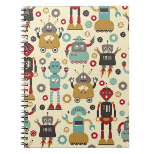 Cuaderno Patrón ilustrado de robots retro divertidos (crema