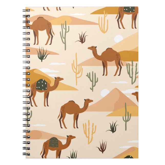 Cuaderno Patrón incomparable con camellos, dunas y cactus.  (Frente)