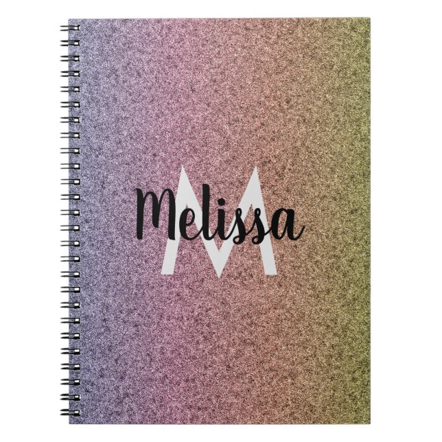 Cuaderno Patrón inicial de purpurina falsa de arcoíris (Frente)