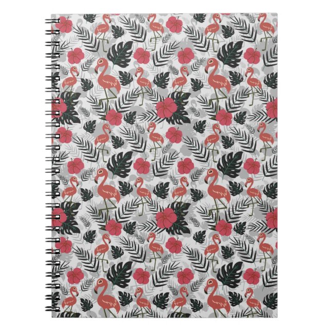 Cuaderno Patrón ininterrumpido de flamencos con fondo flora (Frente)