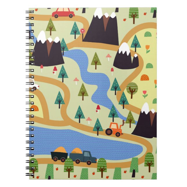 Cuaderno Patrón ininterrumpido infantil con montañas, río,  (Frente)