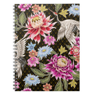Cuaderno Patrón japonés con flores y grúas blancas