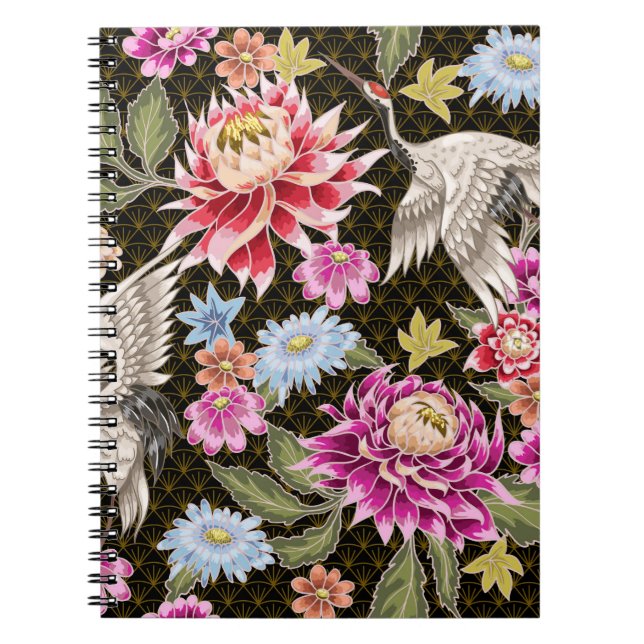 Cuaderno Patrón japonés con flores y grúas blancas (Frente)
