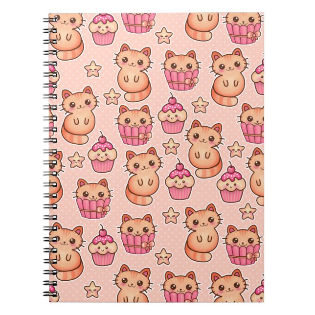Cuaderno Patrón kawaii de gatos y pasteles rosados (Frente)