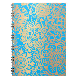 Cuaderno Patrón Mandala floral azul claro y dorado