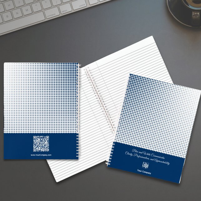 Cuaderno Patrón medio tónico Azul Blanco Pequeña empresa (Half Tone Pattern Blue White Small Business Notebook, Tagline, Logo, Company, QR code)