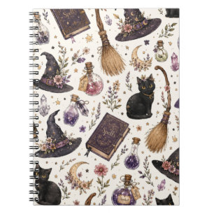 Cuaderno Patrón Místico de Halloween con Gatos Negros