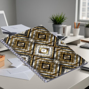 Cuaderno Patrón moderno en plata, oro y negro, monograma