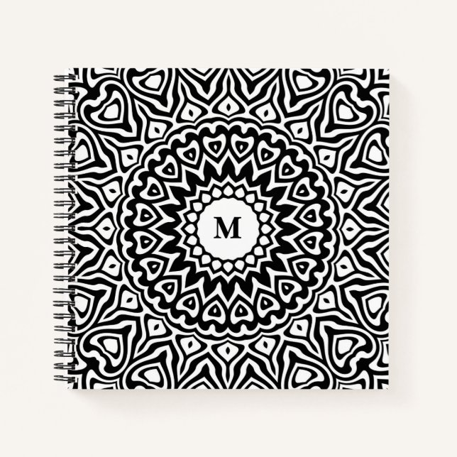 Cuaderno Patrón moderno monogramado de Mandala en blanco y  (Anverso)