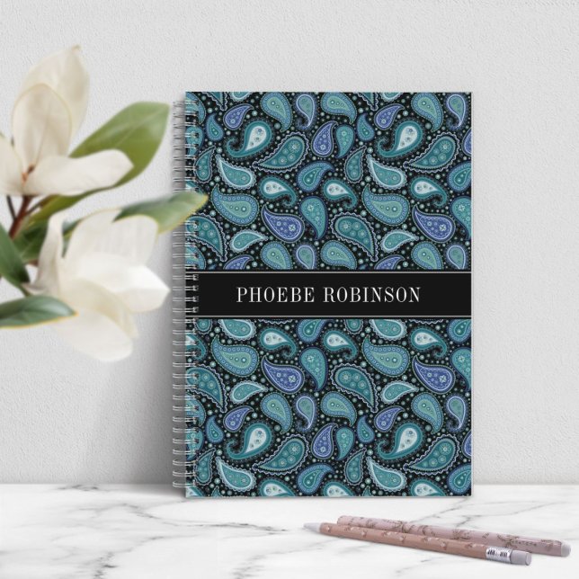 Cuaderno Patrón moderno retro azul paisley (Modern Retro Blue Paisley Pattern Notebook)