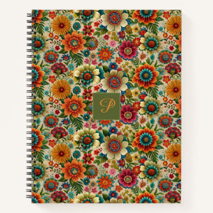 Cuaderno Patrón monograma cottagecore flor amarillo naranja