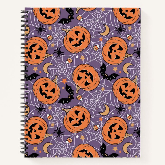 Cuaderno Patrón morado de Halloween de Jack-O-Lantern (Anverso)