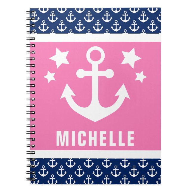 Cuaderno Patrón náutico de anclas azules y rosas (Frente)