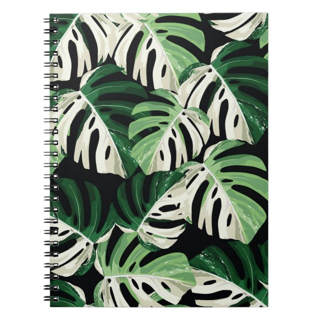 Cuaderno Patrón negro exótico de hojas de monstera (Frente)