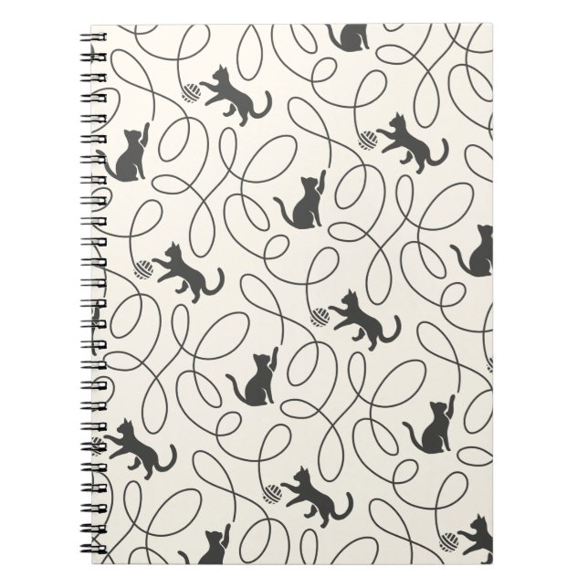 Cuaderno Patrón neutral de gato negro y bola de hilo (Frente)