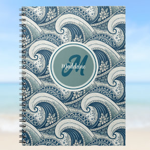 Cuaderno Patrón oceánico de olas y flores de playa polinesi