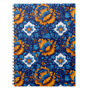 Cuaderno Patrón Ornate Floral en mosaicos azules y Naranjas