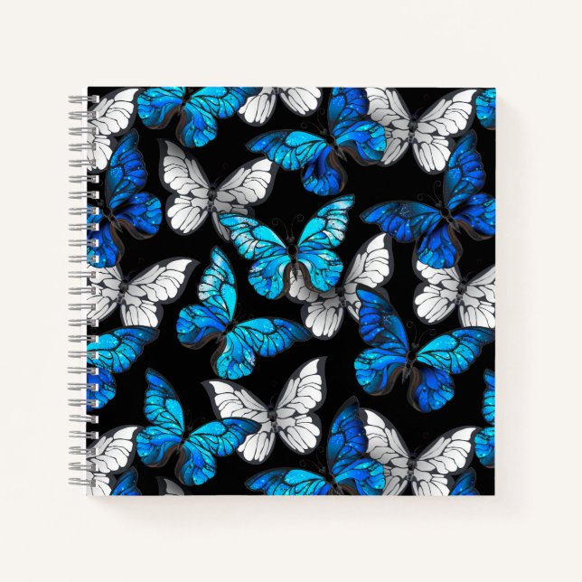Cuaderno Patrón oscuro sin foco con mariposas azules morfo (Anverso)