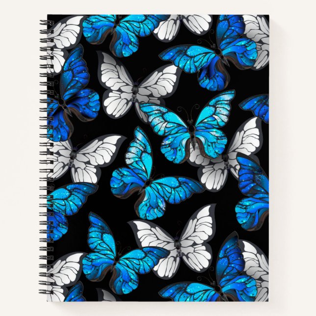 Cuaderno Patrón oscuro sin foco con mariposas azules morfo (Anverso)