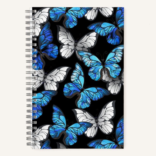 Cuaderno Patrón oscuro sin foco con mariposas azules morfo (Anverso)