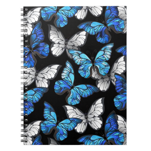 Cuaderno Patrón oscuro sin foco con mariposas azules morfo (Frente)