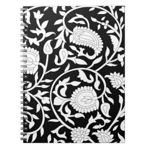 Cuaderno Patrón paisley indio tradicional sobre negro y wh
