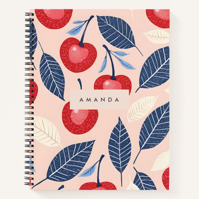 Cuaderno Patrón personalizado de cerezo y hoja monograma (Anverso)