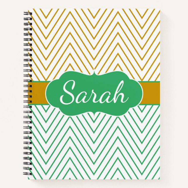 Cuaderno Patrón Personalizado de Chevron de Oro Verde Menta (Anverso)