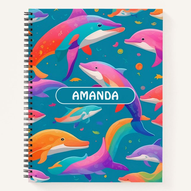 Cuaderno Patrón personalizado de color arcoiris delfín (Anverso)