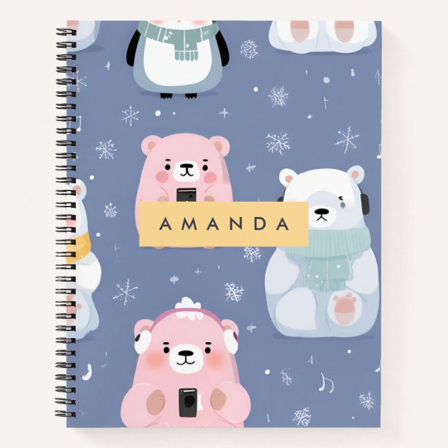 Cuaderno Patrón personalizado de oso y pingüino de invierno (Anverso)