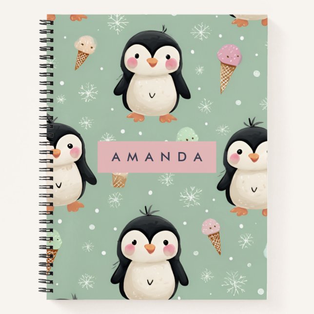 Cuaderno Patrón personalizado de pingüino y crema de hielo (Anverso)