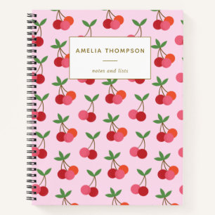Cuaderno Patrón Retro de Fruta de Cereza Rosa Personalizado